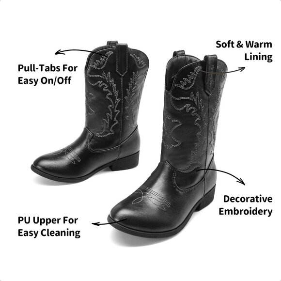 Kids Black Cowgirl Boots Girls Cowboy Western Mid Calf Pull-On Riding Boots - Picture 4 of 7